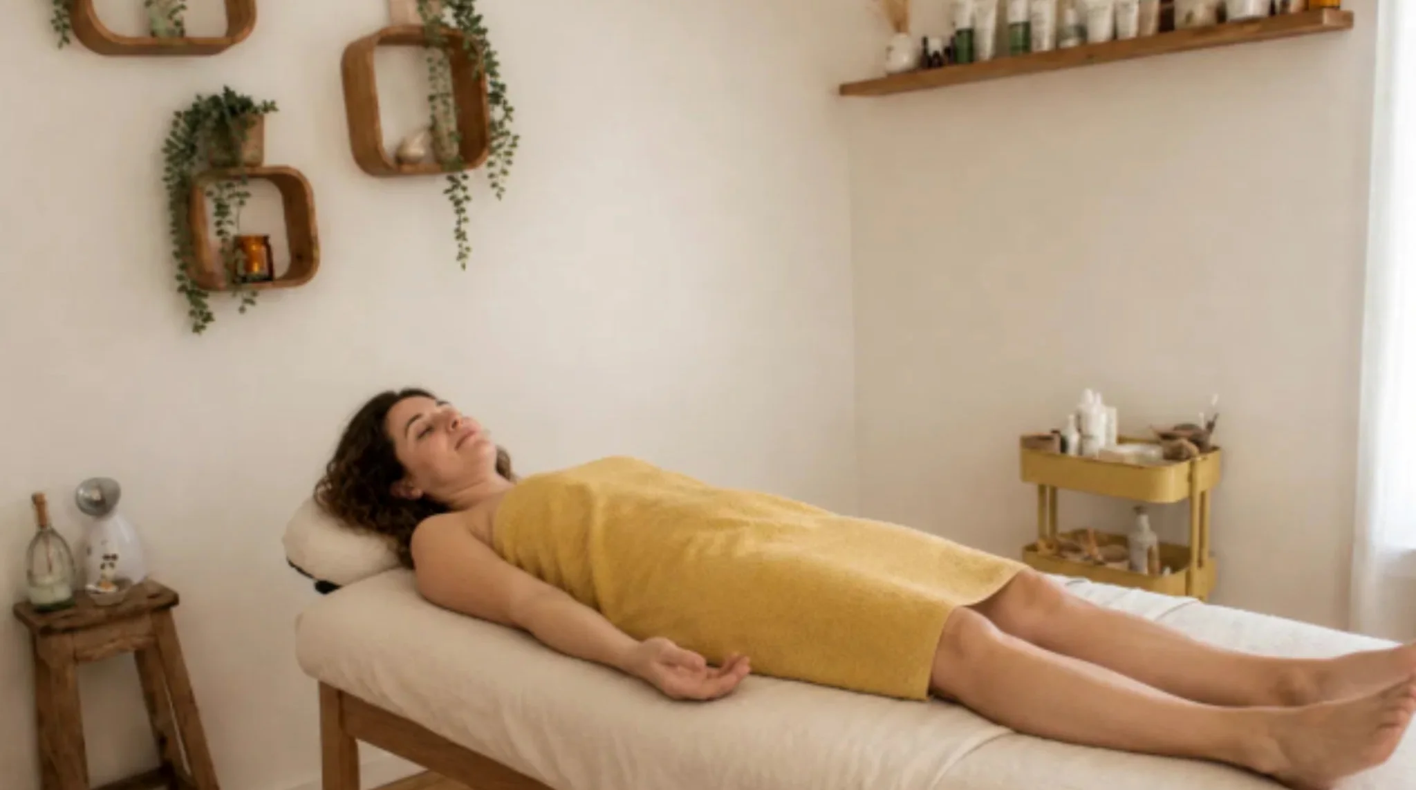 Femme installée sur le dos dans l’institut Marjolie Pause à Gardanne
