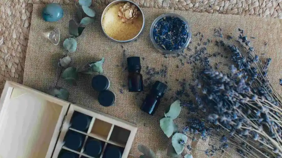 Composition de fleurs séchées, de coupelles et de petits flacons