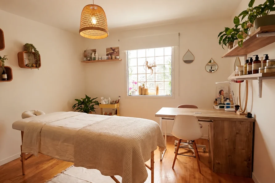 Salle de massage lumineuse et apaisante de l’institut Marjolie Pause, près d’Aix-en-Provence